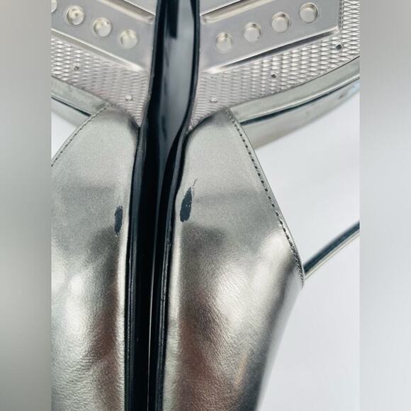 Prada Metallic Grey T Strap Metal Embossed Wedge Sandals Runway 2014 EU 37.5 - Picture 15 of 16
